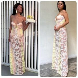 For Love And Lemons Pink and Yellow Lace Maxi Dress